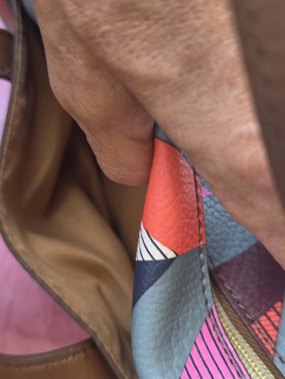 Fossil Brown Tote with Pink, Blue and Cream Geometric Panels - Picture 4 of 16
